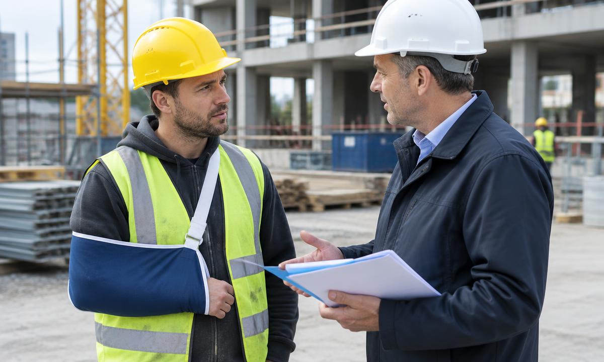 Salarié du bâtiment avec le bras en écharpe échangeant avec son employeur sur un chantier