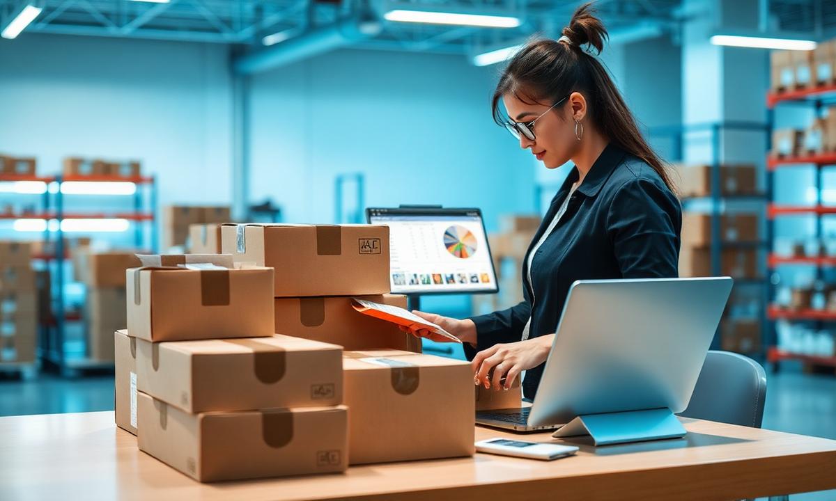 Préparation de commandes e-commerce et suivi des stocks sur ordinateur dans un entrepôt