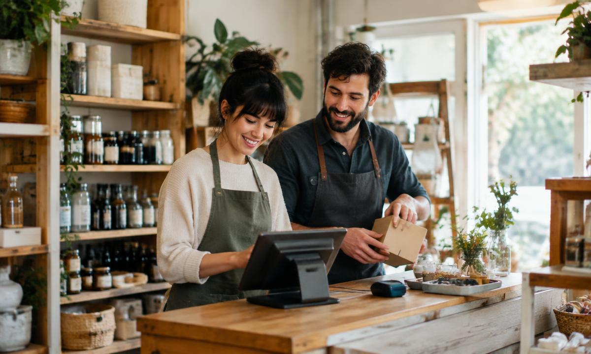 Couple de commerçants travaillant ensemble derrière le comptoir de leur boutique