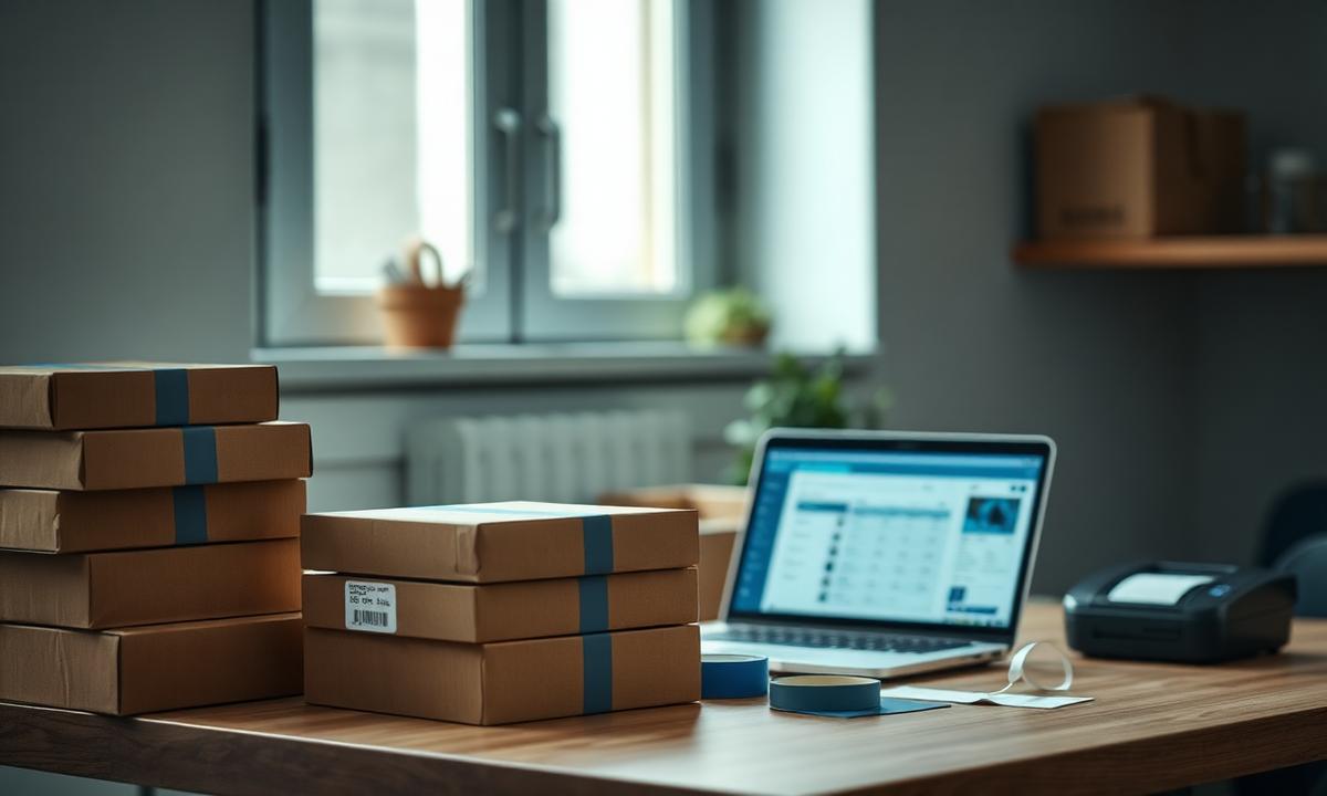 Colis et poste de travail d'un vendeur en ligne préparant ses obligations fiscales marketplace