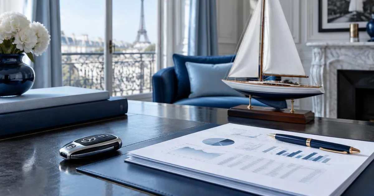 Schéma d'une holding patrimoniale et des actifs taxés à 20 % : logement, véhicule, yacht et cave
